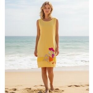 Richard Shift Dress XL Yellow Cotton‎ Sleeveless Embroidered Beach Scene Vintage
